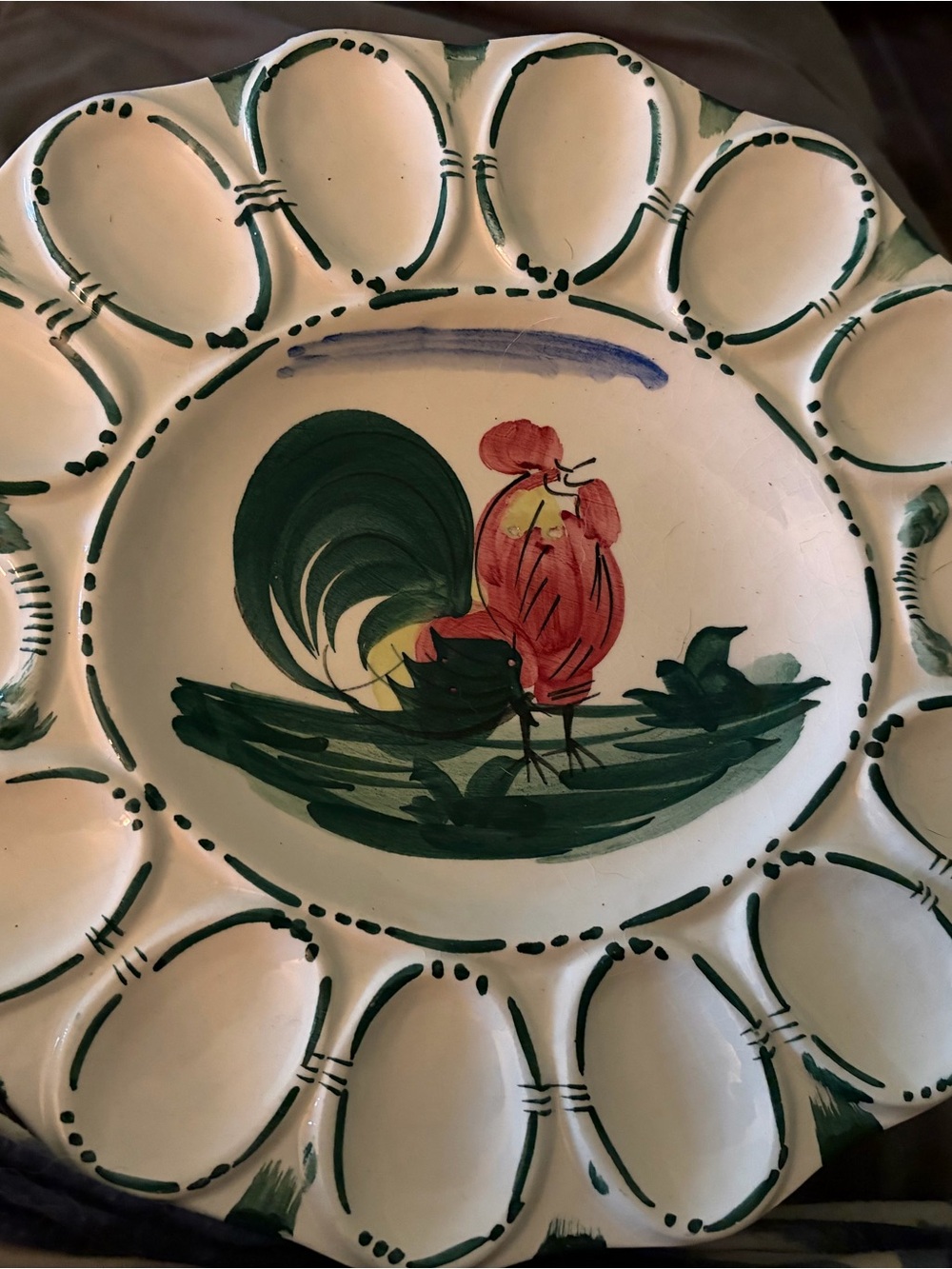 Hand-Painted Rooster Deviled Egg Platter - Green & Red